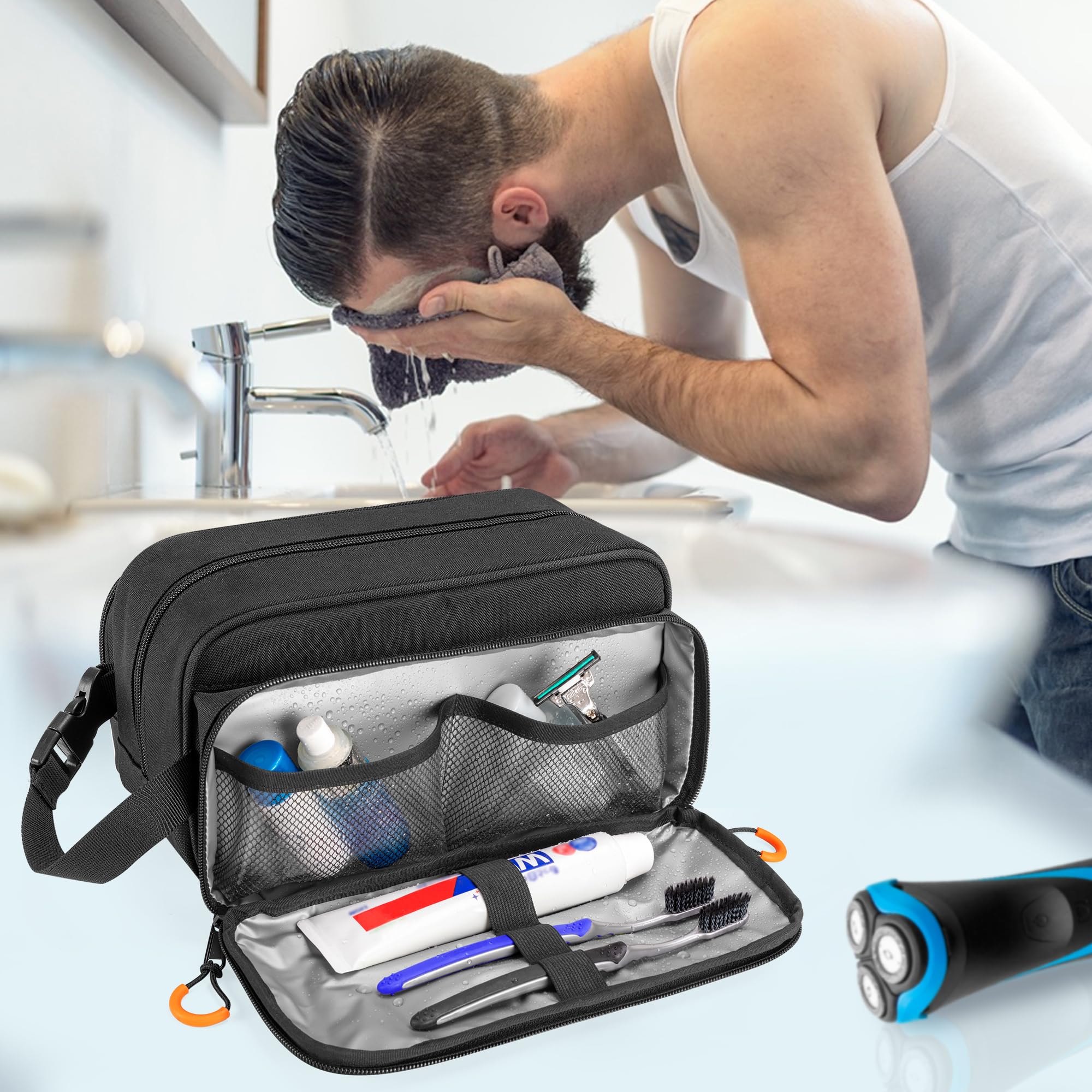 Prokva Dopp Kit front compartment open flat for easy toothbrush and toothpaste access.