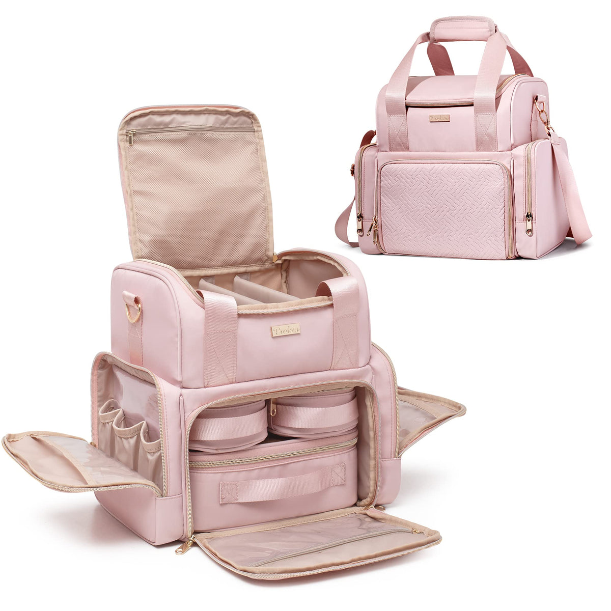 Prokva large makeup bag top compartment with removable dividers for customizable storage.