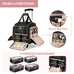 Bottom compartment with four zipper cases for cosmetics and skincare storage.