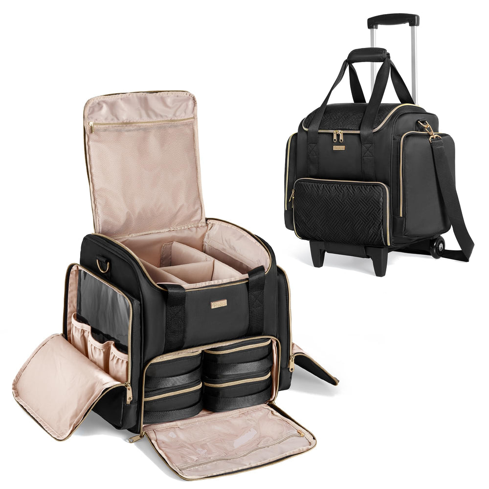 Prokva rolling makeup case in black patent viewed from outside for on-the-go professionals.