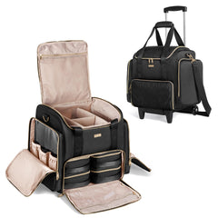 Prokva rolling makeup case in black patent viewed from outside for on-the-go professionals.