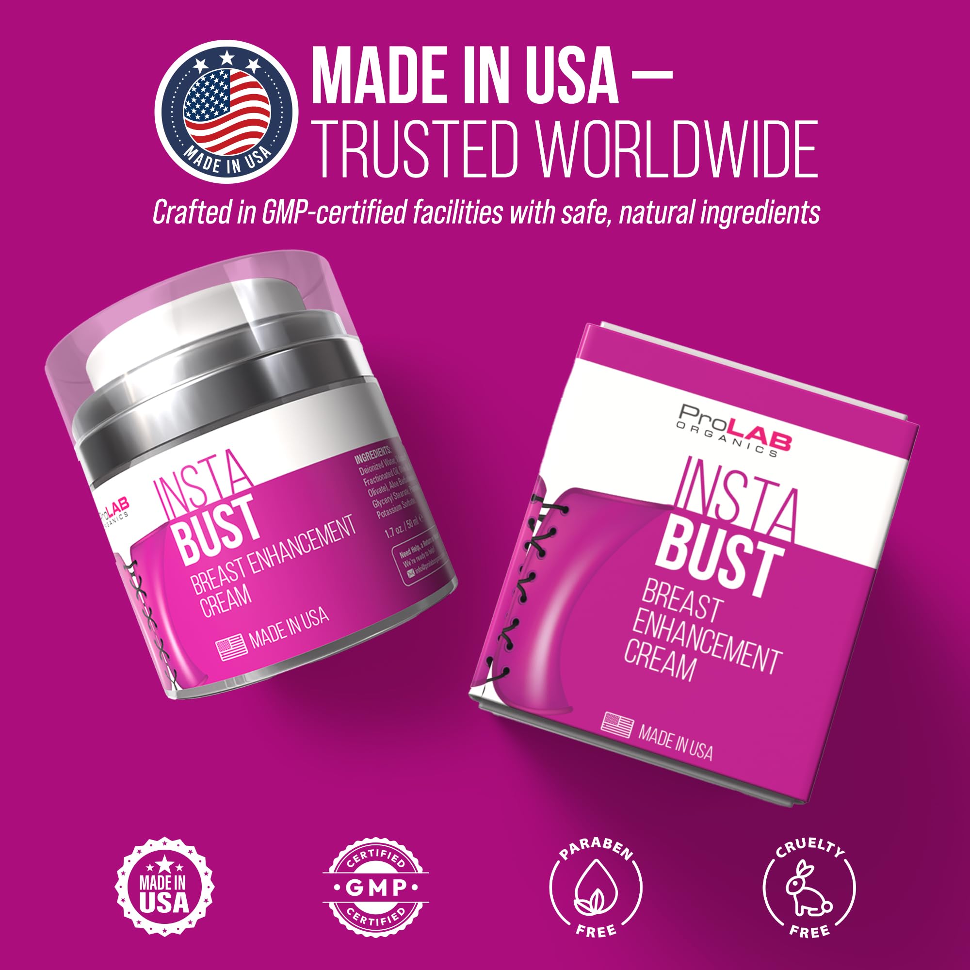 ProLab Organics InstaBust packaging highlights cruelty-free and paraben-free formulation