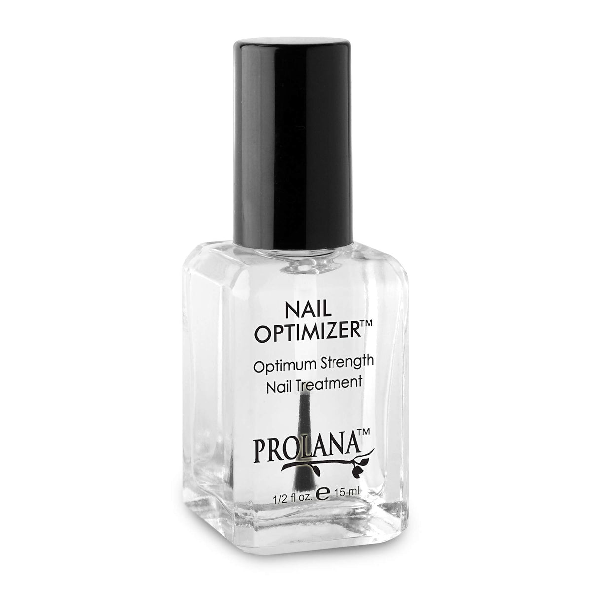 Prolana Nail Optimizer bottle closeup showing clear hardening formula for stronger nails