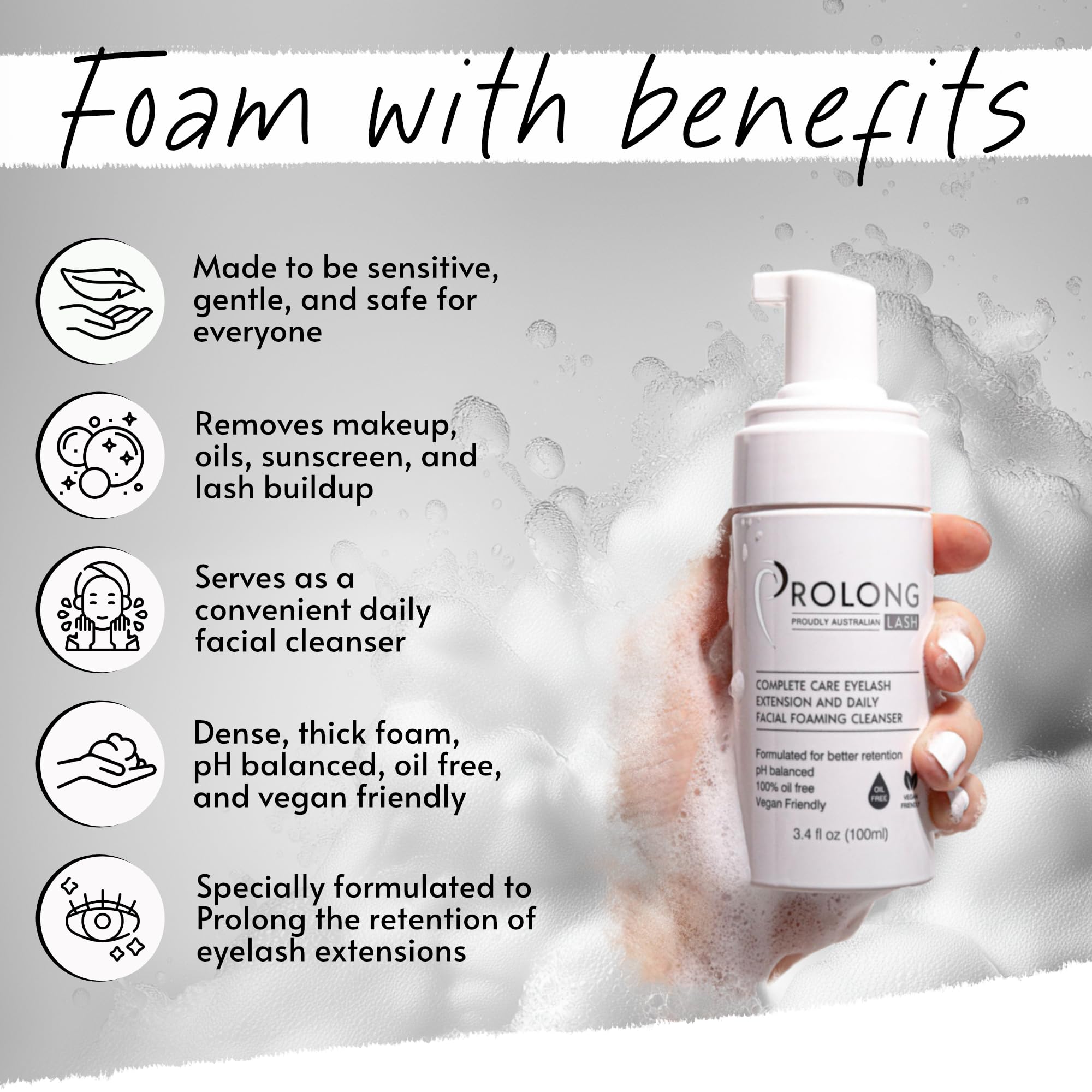 PROLONG LASH foaming cleanser texture shows gentle lather for lash cleaning