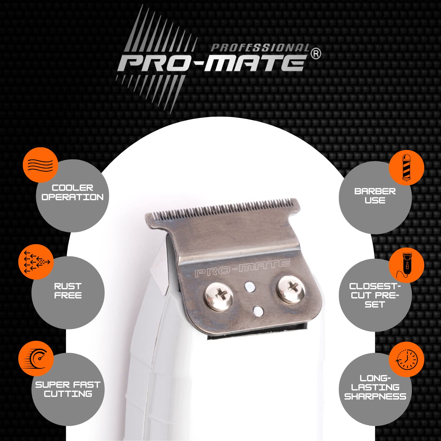 PRO-MATE black T-shape blade mounted on trimmer for close-cutting performance.