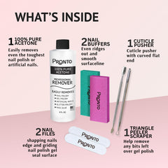 Pronto acetone remover with manicure kit showing tools for at-home salon-quality treatments