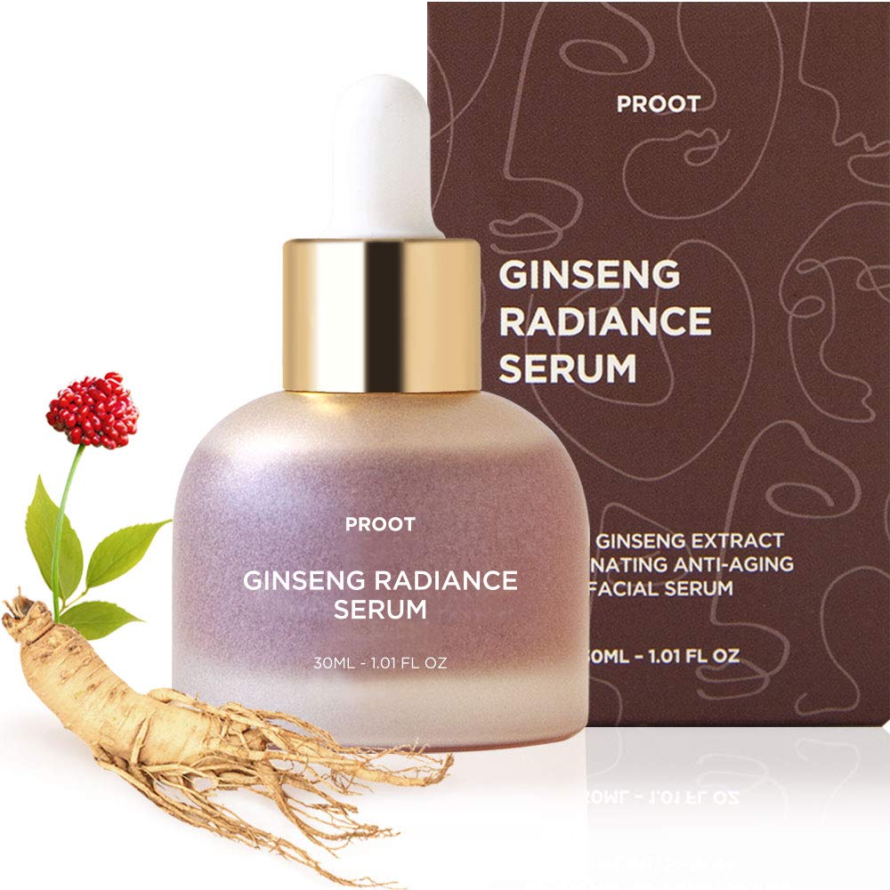PROOT Ginseng Serum bottle on vanity promotes daily hydration and a radiant complexion