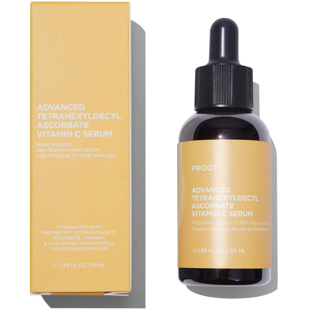 PROOT Tetrahexyldecyl Ascorbate Serum bottle glows with hydrating radiance for daily skin brightening
