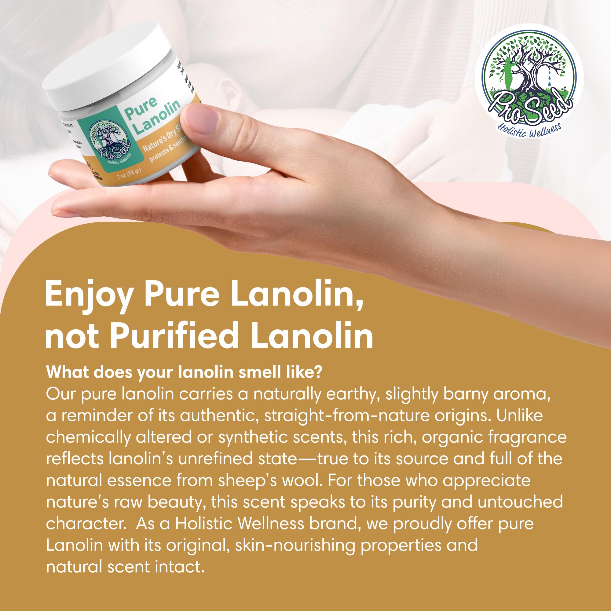 ProSeed Lanolin Balm glass jar packaging emphasizes sustainability and freshness.