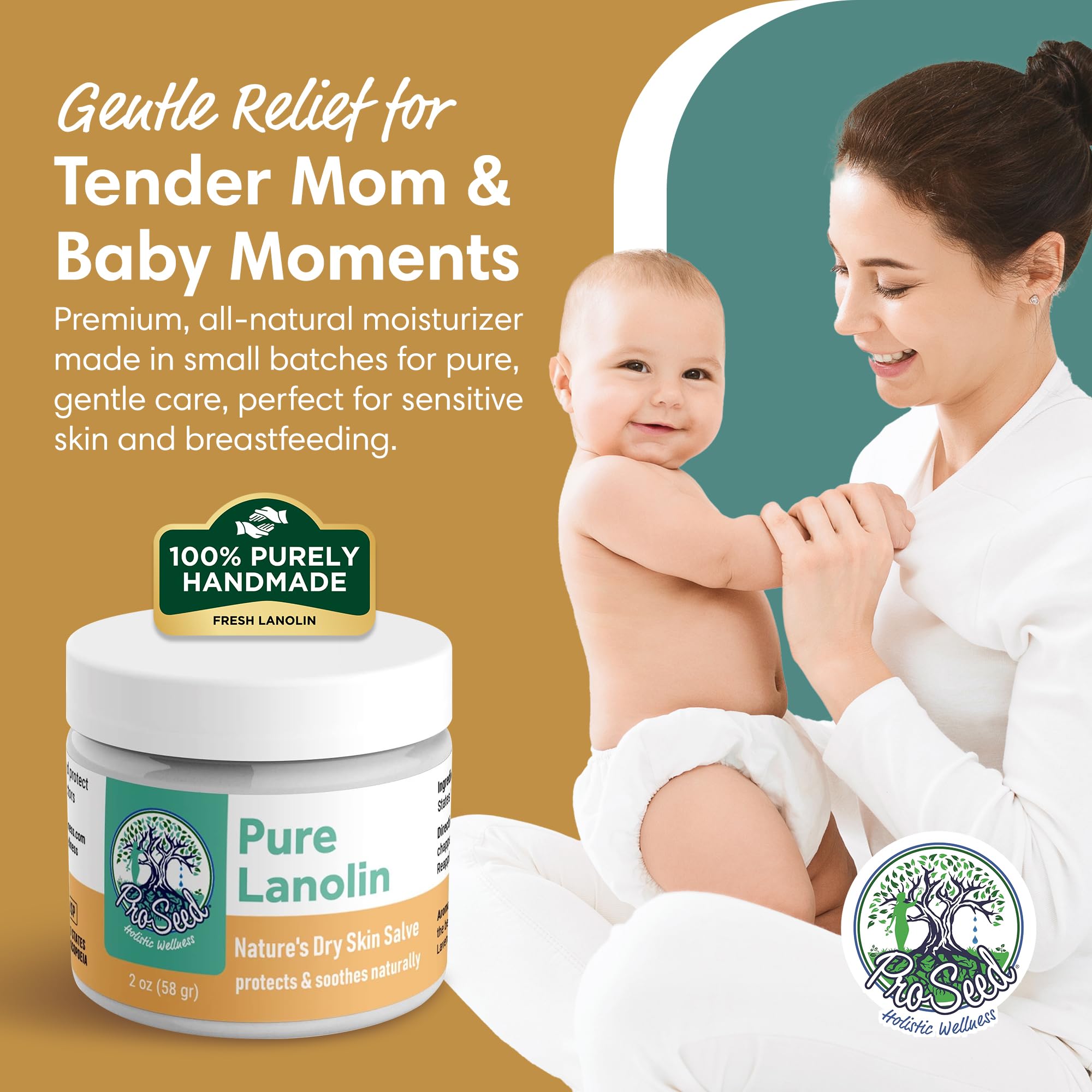 ProSeed lanolin cream jar highlighting pure formula ideal for lips and hands hydration.