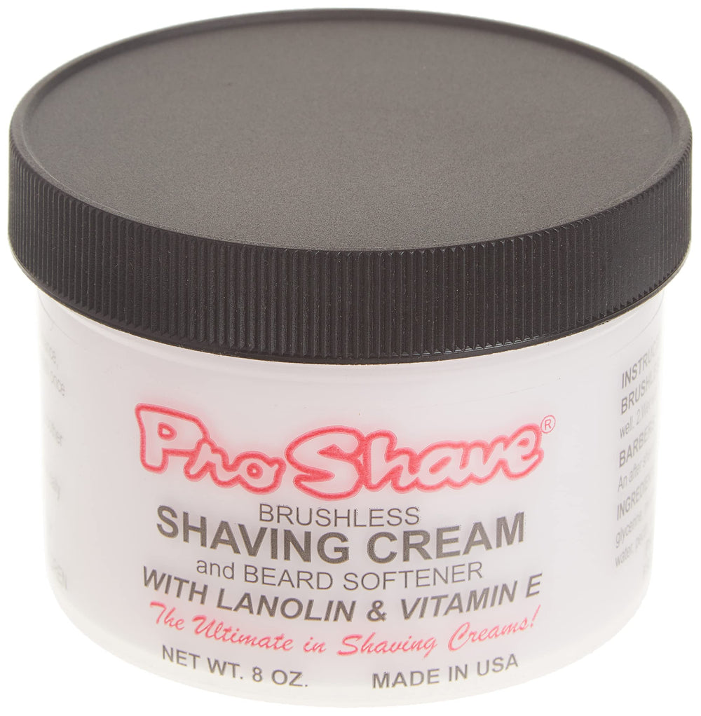 Pro-Shave brushless cream application demonstrates smooth spreading for comfortable prep.
