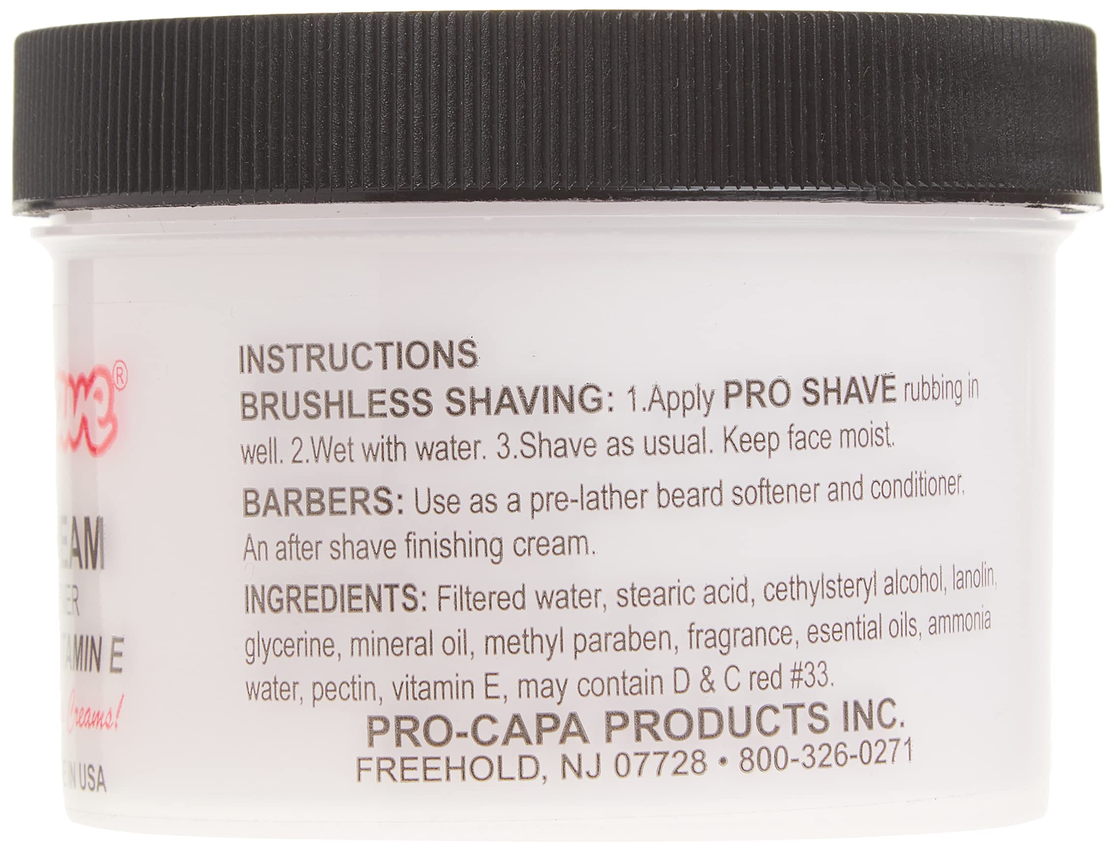 Pro-Shave with lanolin and vitamin E ingredients shown for skin conditioning benefits.