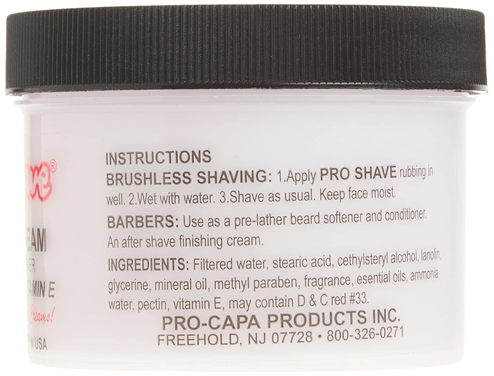 Pro-Shave with lanolin and vitamin E ingredients shown for skin conditioning benefits.