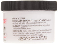 Pro-Shave with lanolin and vitamin E ingredients shown for skin conditioning benefits.