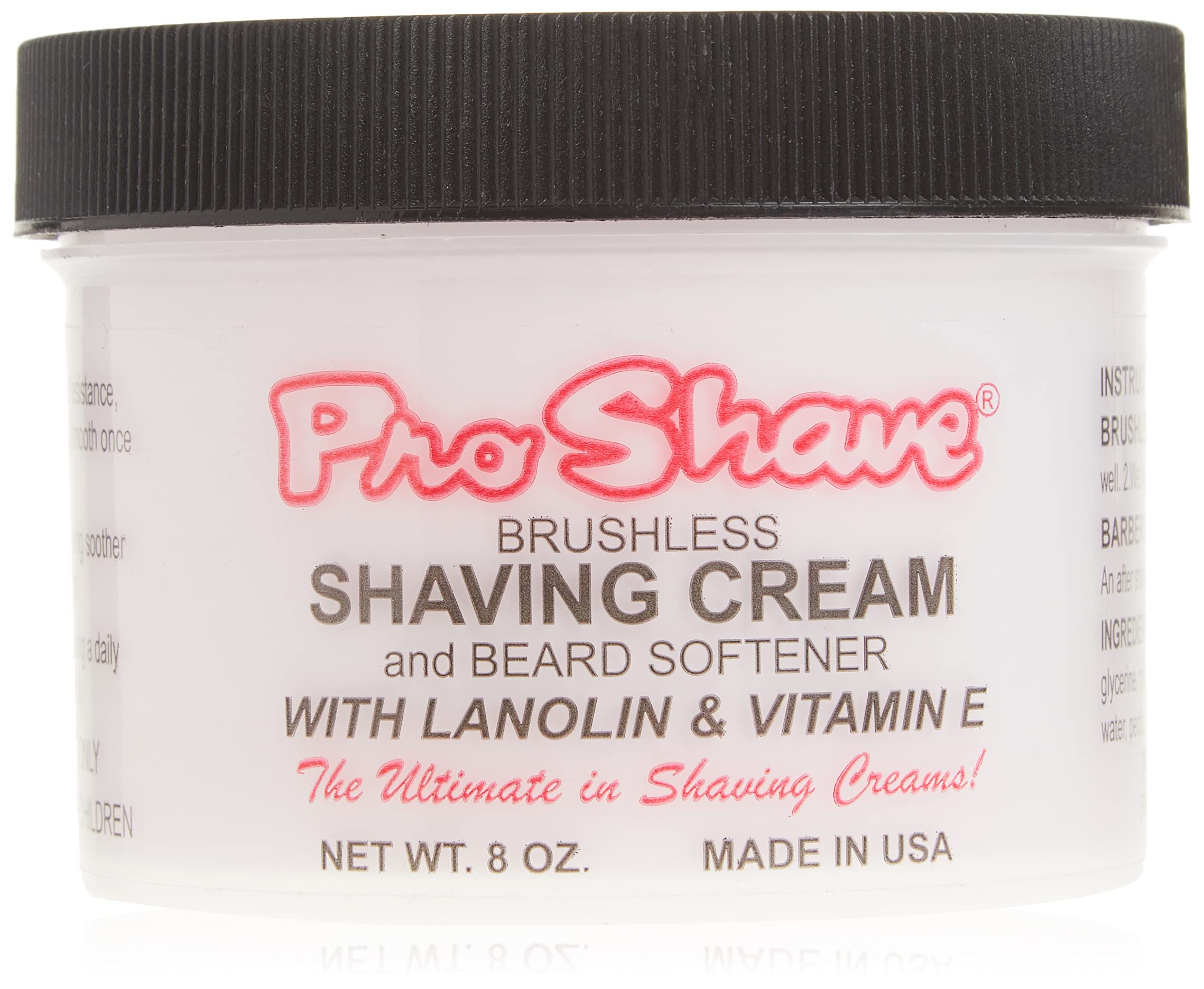 Pro-Shave shaving cream 8oz jar shown, delivering rich lather for an easy glide.