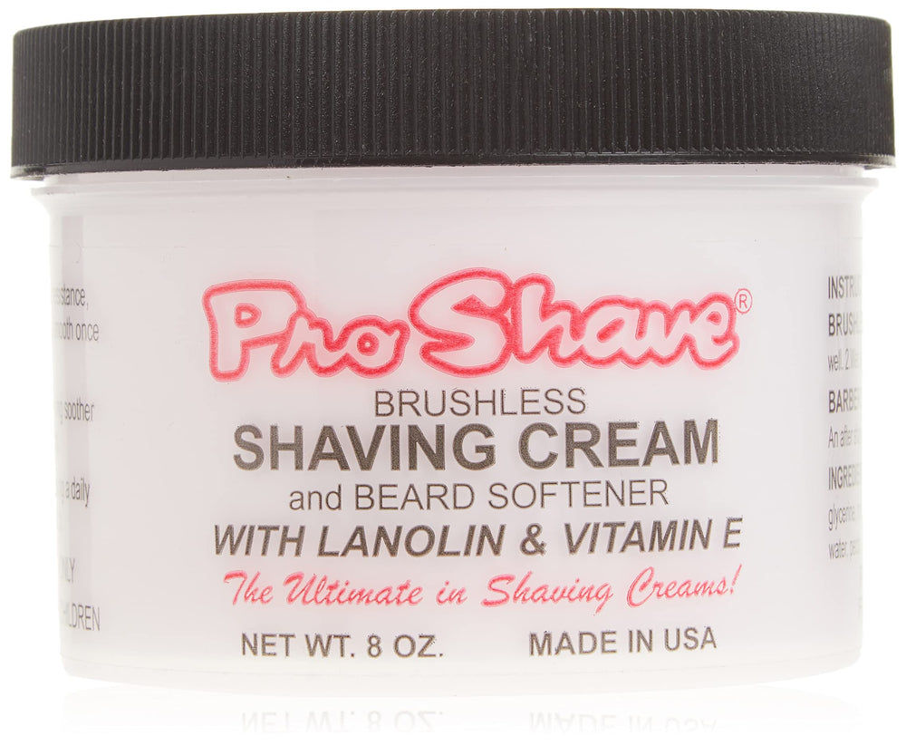 Pro-Shave shaving cream 8oz jar shown, delivering rich lather for an easy glide.