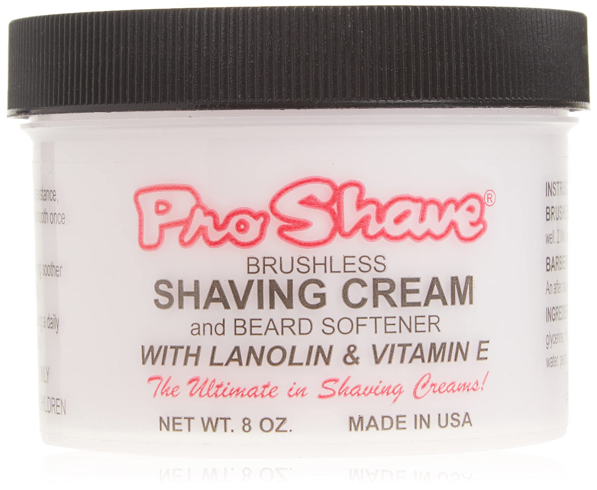 Pro-Shave shaving cream 8oz jar shown, delivering rich lather for an easy glide.