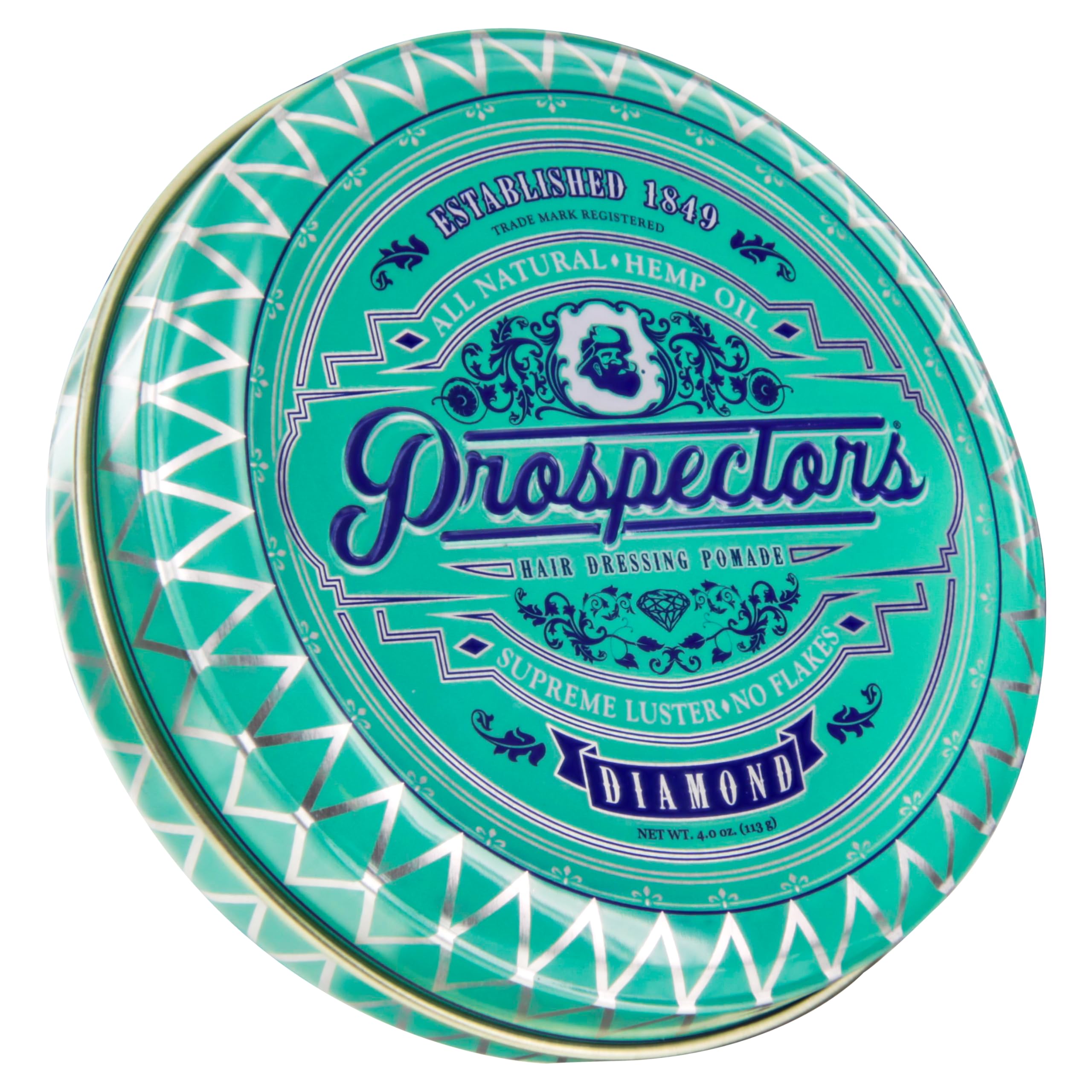 PROSPECTORS Diamond Hair Pomade jar front shows medium hold and shine for versatile styling.