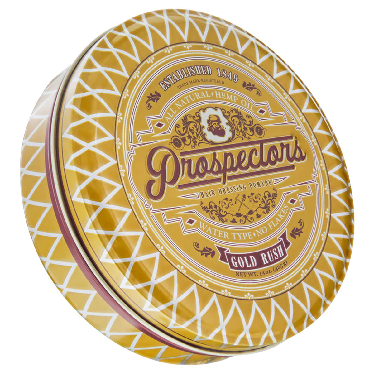 PROSPECTORS Gold Rush pomade tin front view, premium packaging and natural shine