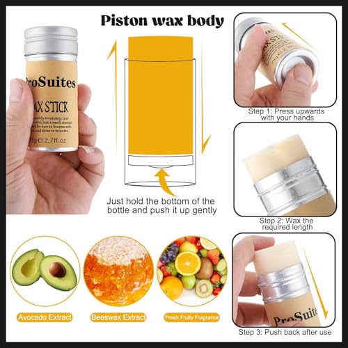 ProSuites hair wax stick shown with ingredients label for easy, even application.
