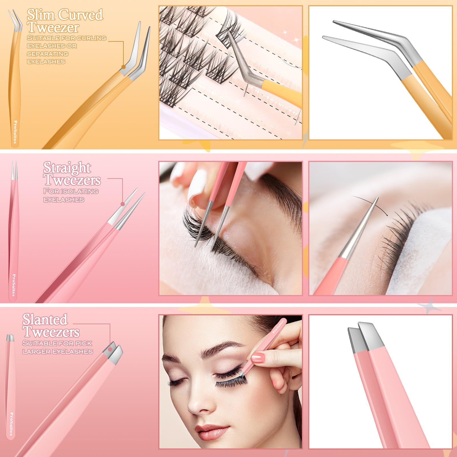 ProSuites eyelash tweezers with oblique tip for quick lash pickup and even application.
