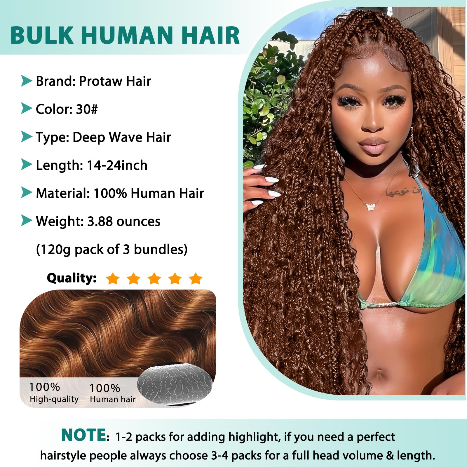 Protaw boho braiding hair 20in ginger brown bundle pack highlights full-volume styling.