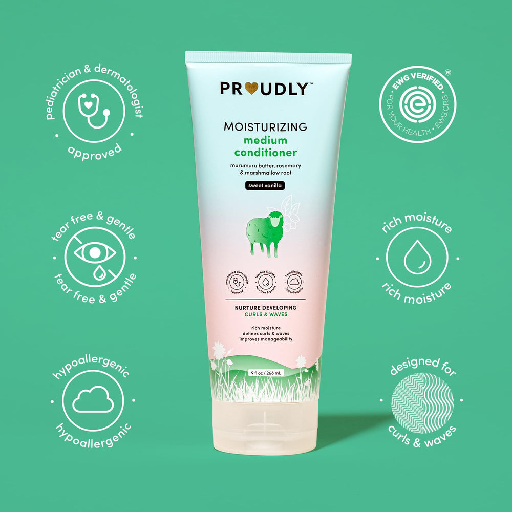 PROUDLY Baby conditioner application shows detangling on damp hair.