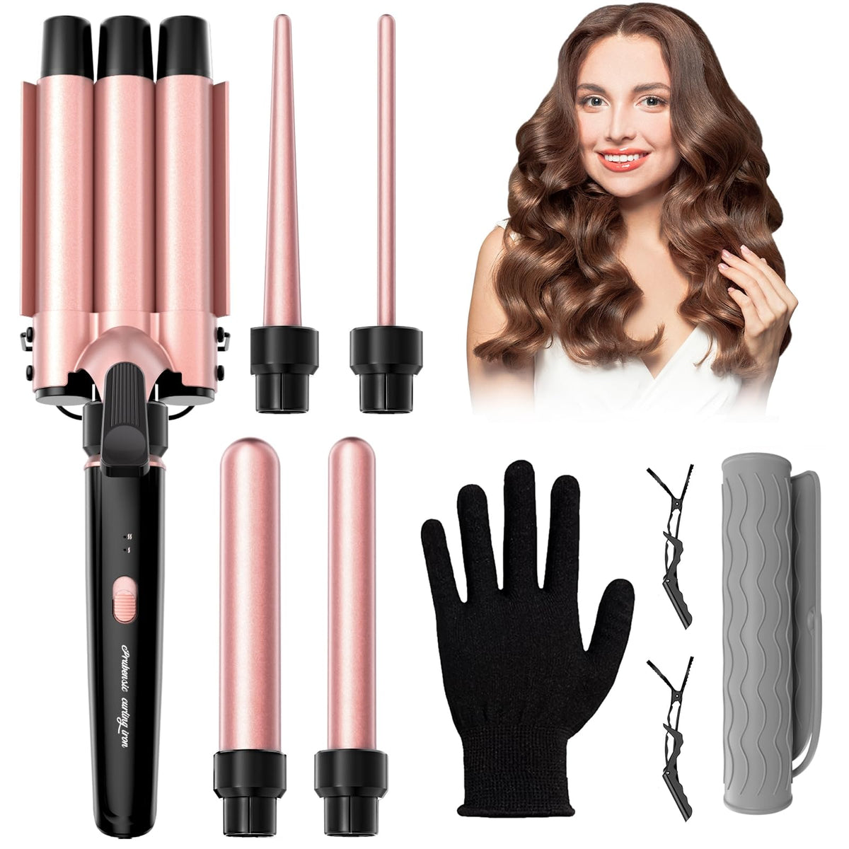 Prubensic 5in1 curling iron pink housing enabling versatile styling across waves and curls