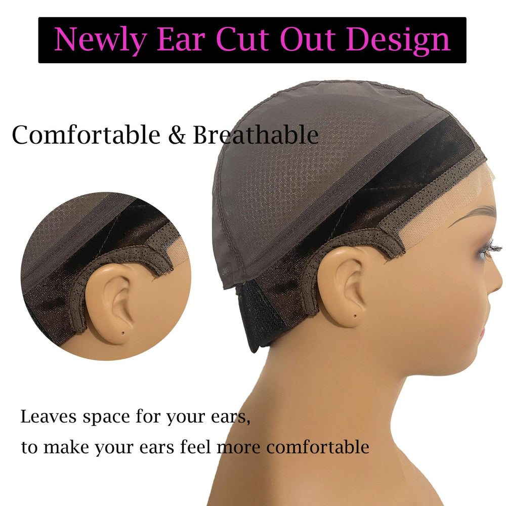 Prudenp ear-design wig cap close-up demonstrating comfortable ear space