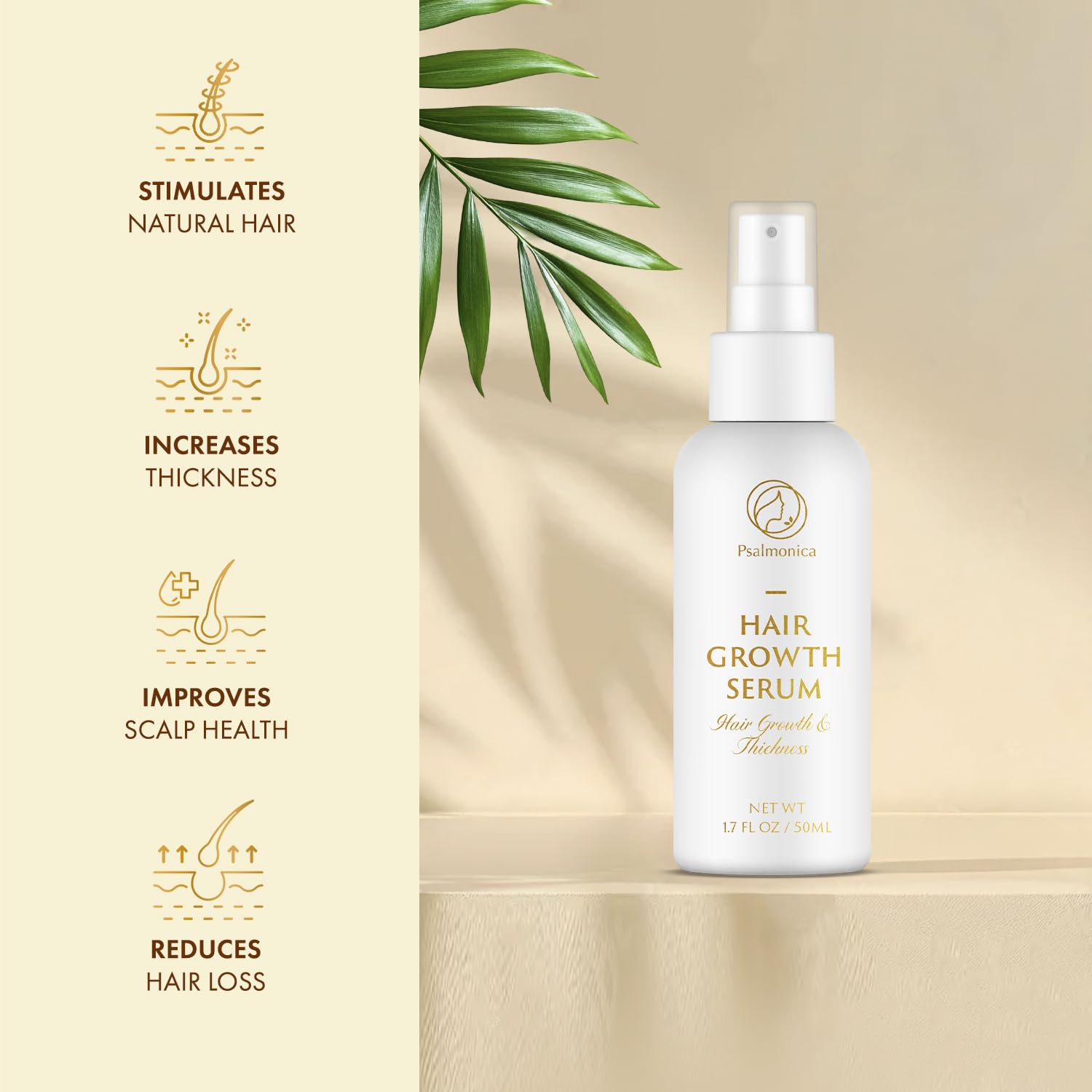 Psalmonica Hair Growth Serum biotin visual emphasizes fortifying strands and fuller-looking hair