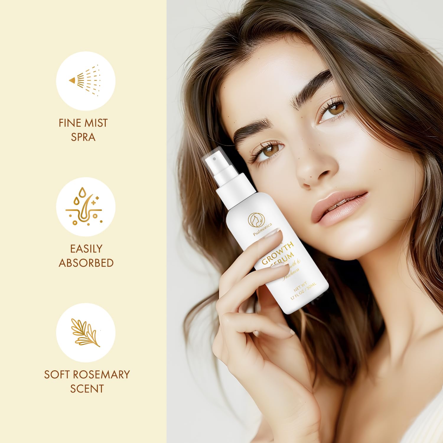 Psalmonica Hair Growth Serum quick-dry mist on hair shows lightweight, residue-free daily use