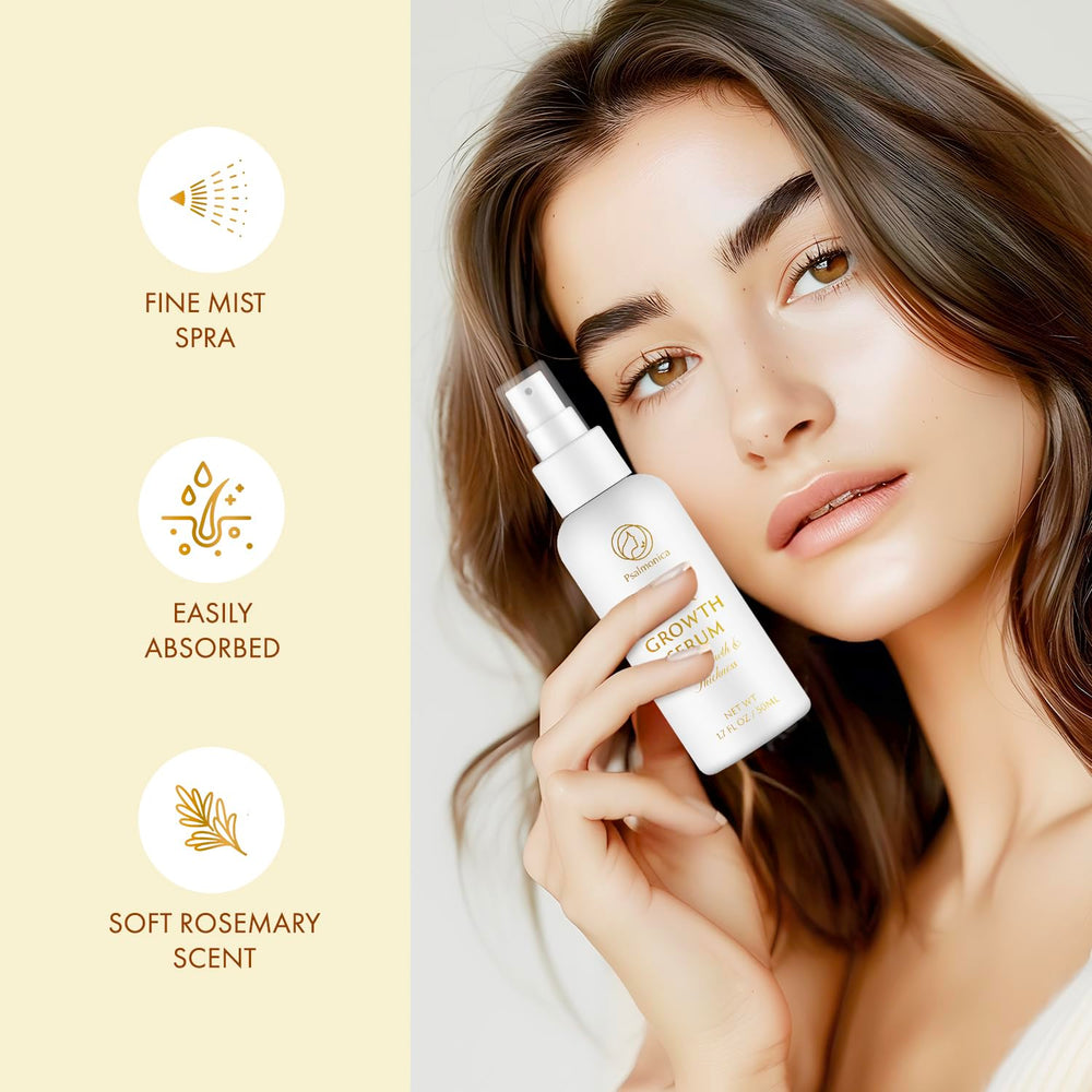 Psalmonica Hair Growth Serum quick-dry mist on hair shows lightweight, residue-free daily use