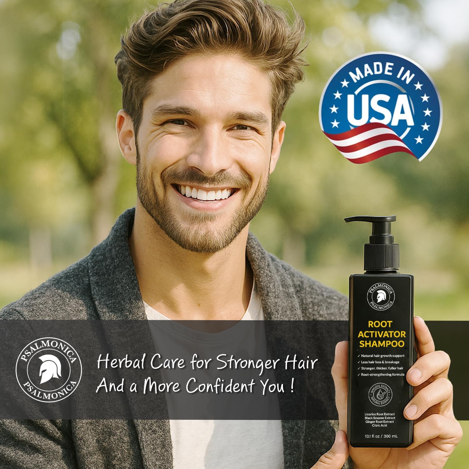 Psalmonica Root Activator Shampoo daily-use setup in bathroom vanity for routine care.