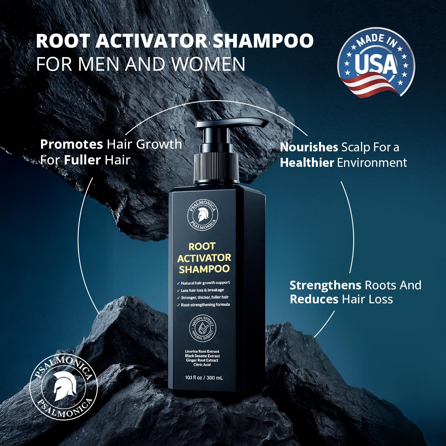 Psalmonica Root Activator Shampoo herbal ingredients closeup featuring ginger root and rosemary oil.