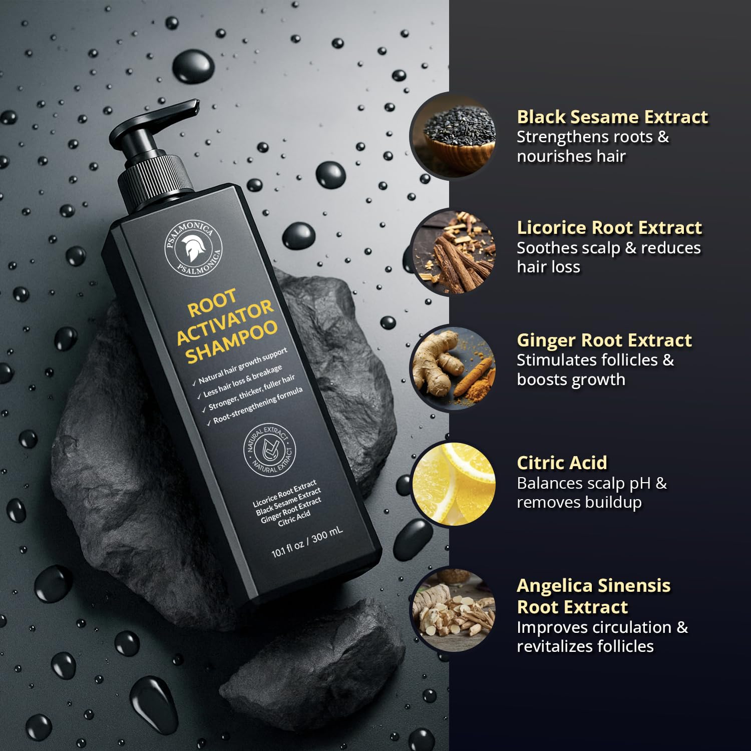 Psalmonica Root Activator Shampoo packaging display highlighting value and 10.1 oz bottle.