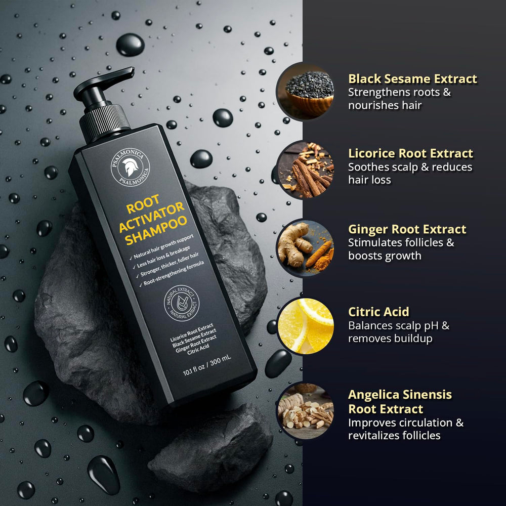 Psalmonica Root Activator Shampoo packaging display highlighting value and 10.1 oz bottle.