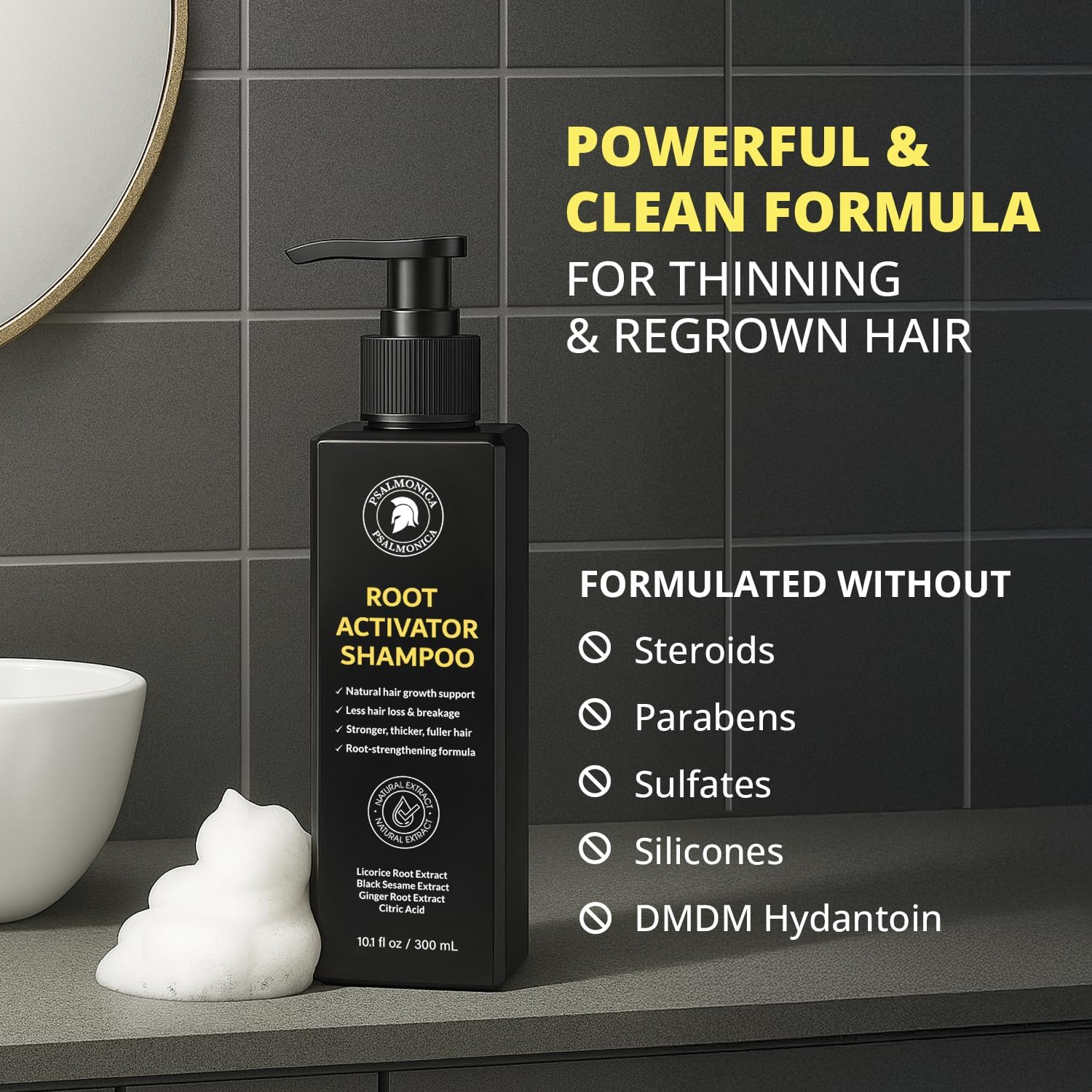 Psalmonica Root Activator Shampoo texture close-up showing rich, gentle formula.