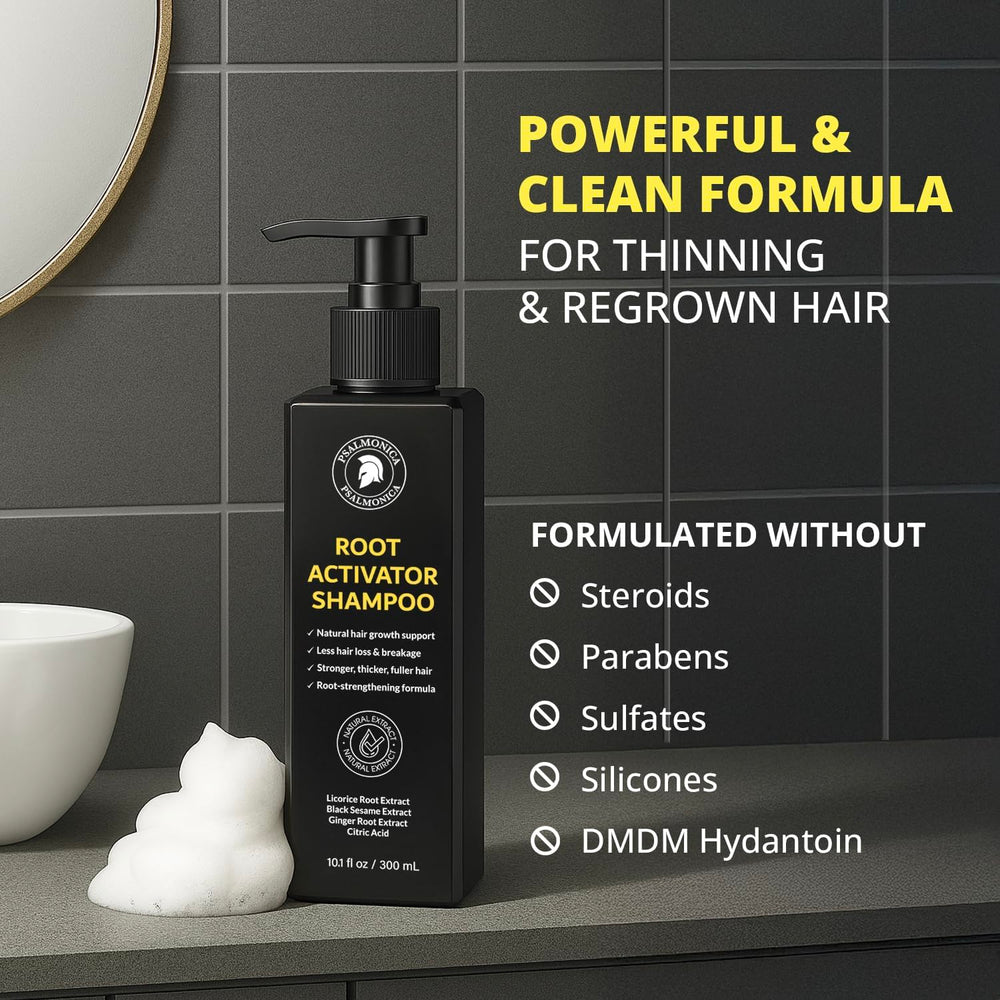Psalmonica Root Activator Shampoo texture close-up showing rich, gentle formula.