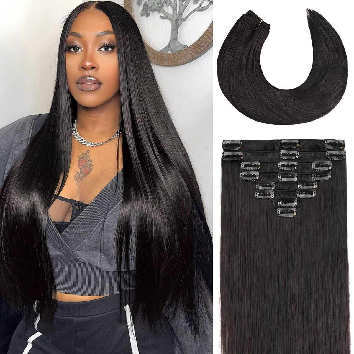 Psiool clip-in extensions in 1B natural black with straight 18-inch hair for seamless blending.