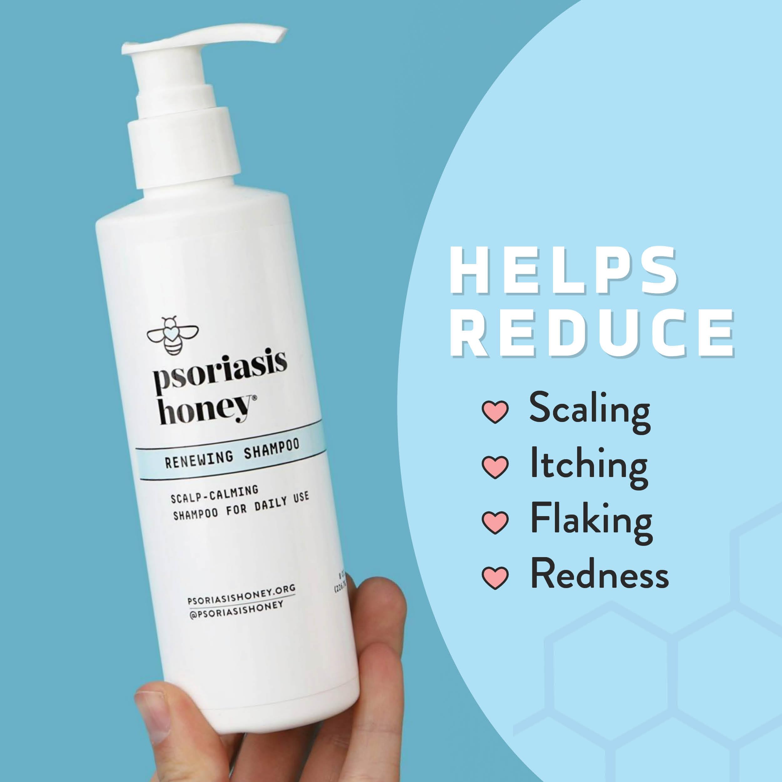 PSORIASIS HONEY Renewing Shampoo lather demonstrates gentle cleansing for sensitive scalps.