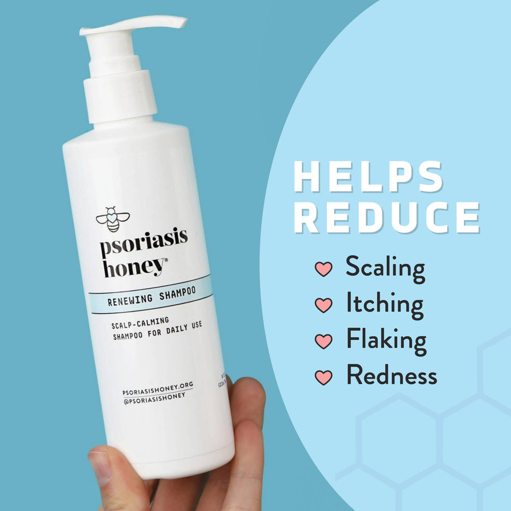 PSORIASIS HONEY Renewing Shampoo lather demonstrates gentle cleansing for sensitive scalps.