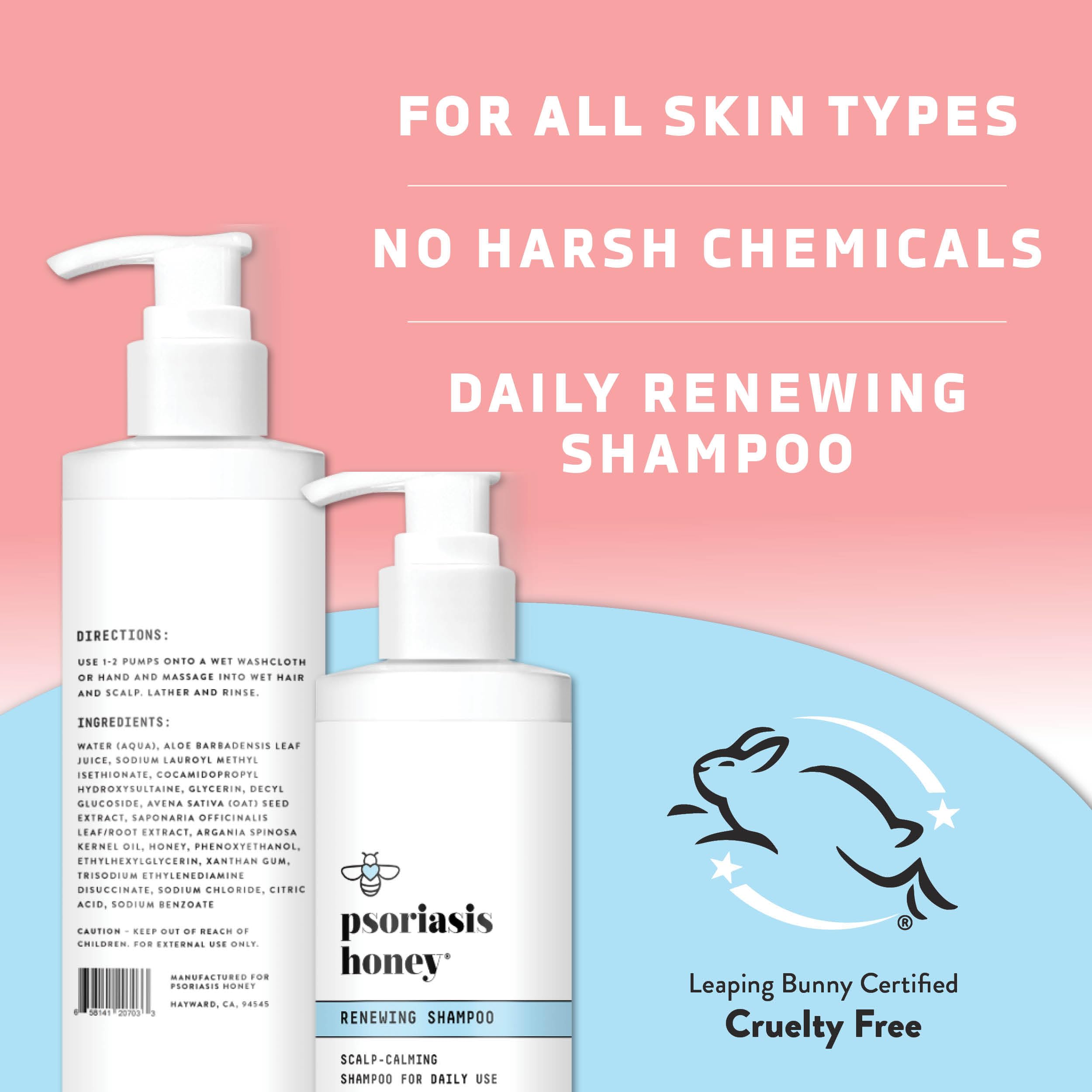 PSORIASIS HONEY Renewing Shampoo packaging on shelf signals natural, fragrance-free cleansing.