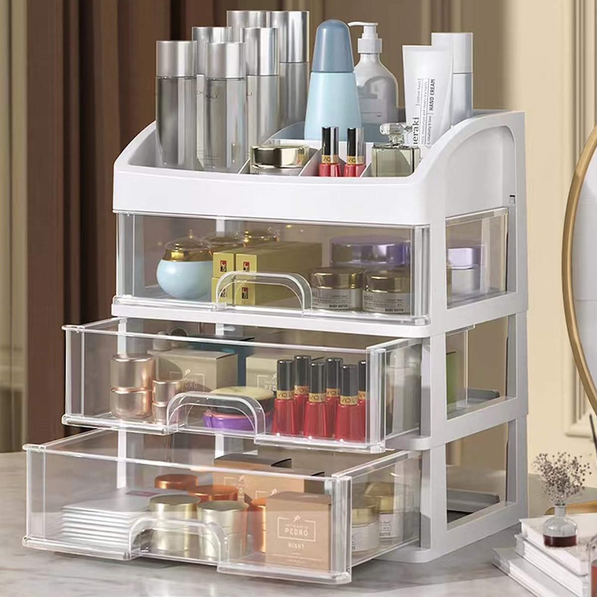 PTBSZCWY makeup organizer with three drawers keeps cosmetics neatly accessible for quick routines.