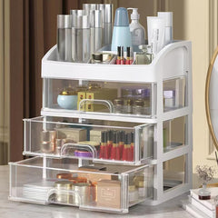 PTBSZCWY makeup organizer with three drawers keeps cosmetics neatly accessible for quick routines.