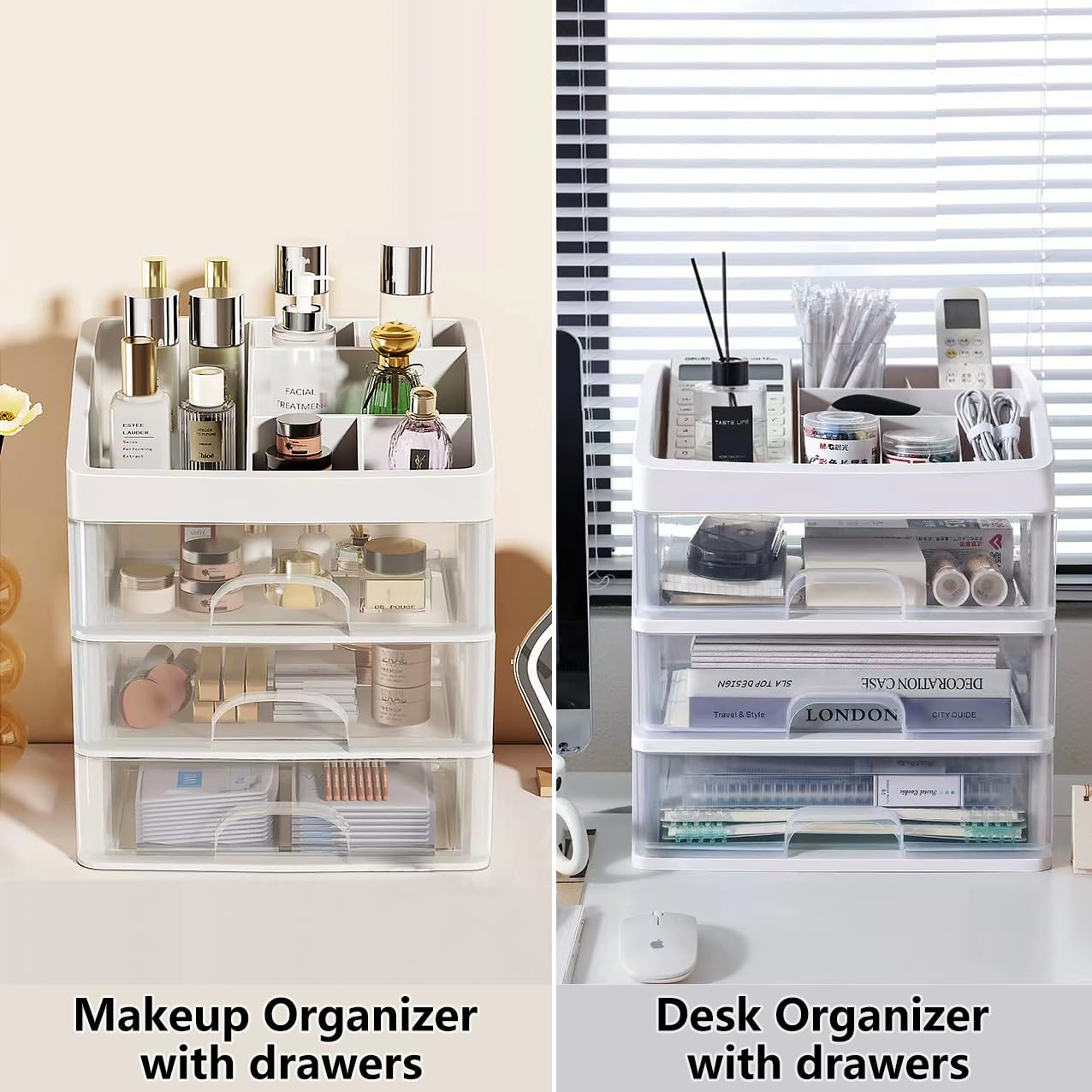 PTBSZCWY white storage box on dresser keeps vanity items within reach.