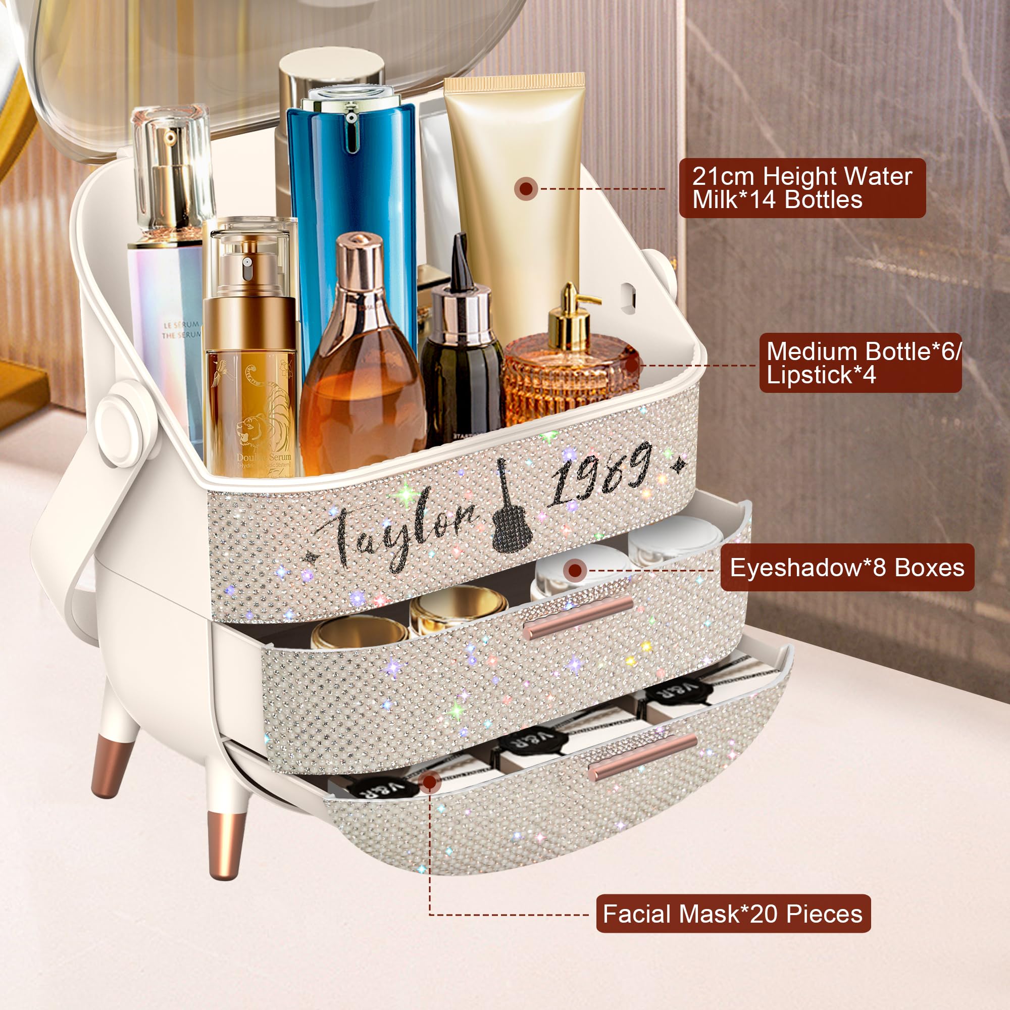 Ptesly Bling makeup organizer shown on a dorm room vanity countertop.