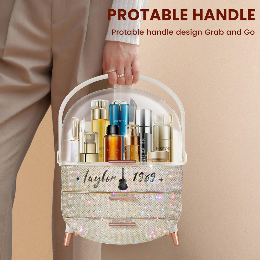 Ptesly Bling organizer open drawers neatly stores lipsticks, brushes, and jewelry.