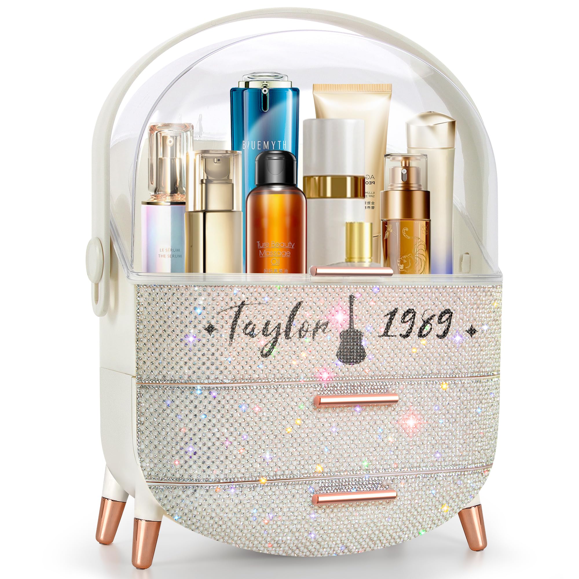 Ptesly Bling makeup organizer with rhinestones, front view adds a glamorous vanity upgrade.