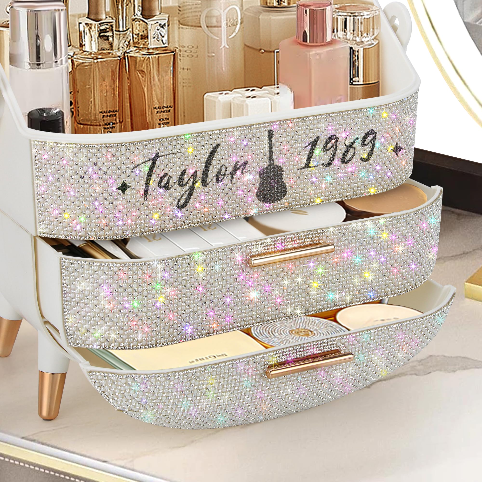 Ptesly Bling makeup organizer with rhinestones, open-lid display catching light from multiple angles.