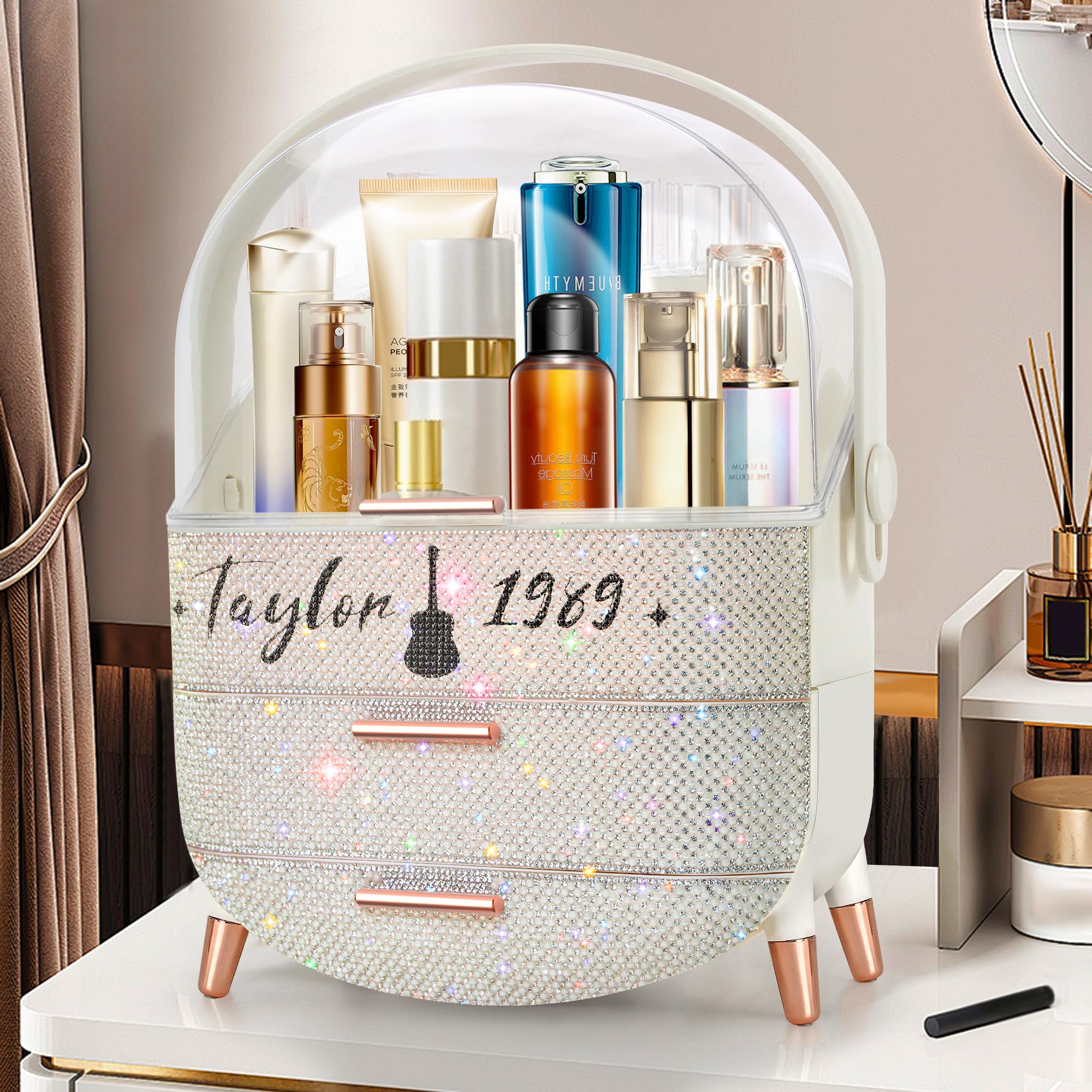 Ptesly Bling organizer with rhinestone Taylor, top handle view for on-the-go storage.